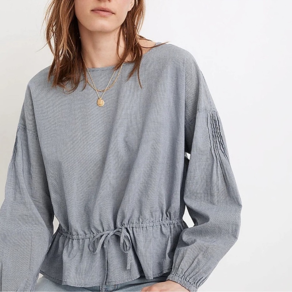 MADEWELL Indigo Gingham Drawstring Blouse pre owned great condition c3